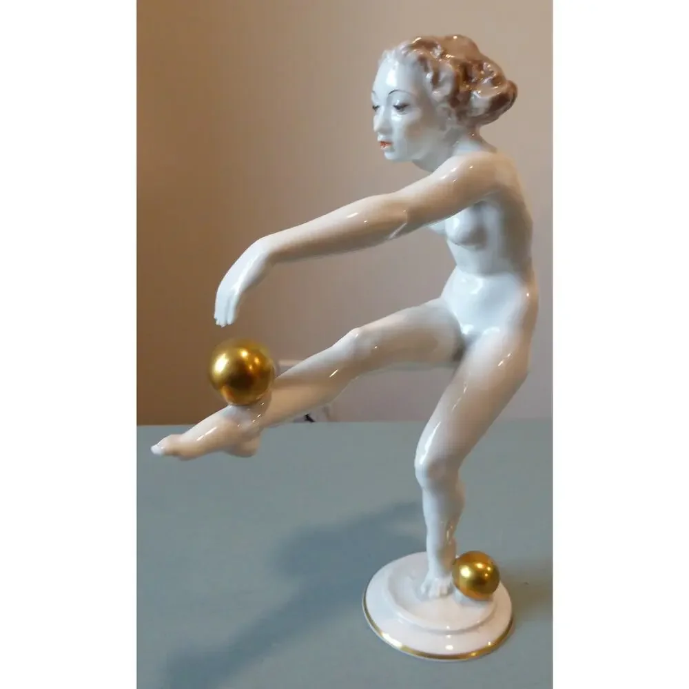 Hutschenreuther Art Deco Nude Woman Figurine Gold Ball 8.5